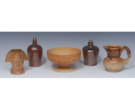 A Derbyshire brown salt glazed stoneware beehive skep money box, 13.5cm high, c.1890;  another;  a pedestal bowl, in relief w
