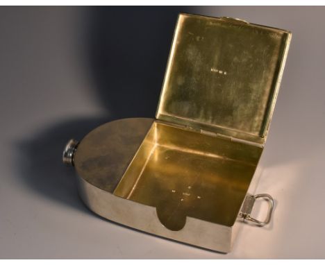 An unusual Victorian silver arched rectangular combination huntsman's flask and sandwich box, screw-fitting cap, hinged cover