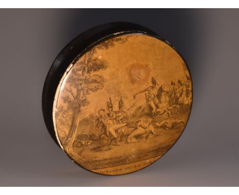 An early 19th century papier-mâché circular snuff box, the slightly domed cover decorated with a titled print Victoire ou la 