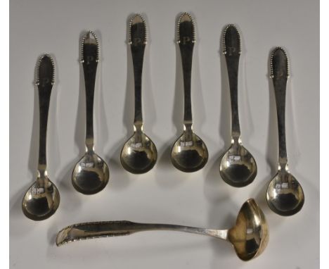 Georg Jensen - a set of six silver Beaded or Kugel pattern spoons, ensuite with a Rope or Perle pattern cream ladle, import m