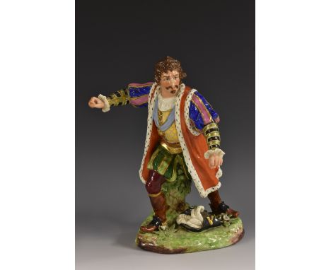 A Derby figure, of Edmund Kean as Richard III, modelled standing  wearing gilt scale doublet and a red ermine lined cloak wit