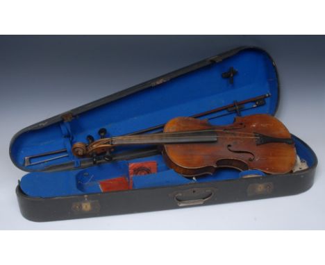 A violin, the one-piece back 36cm long excluding button, outlined throughout with purfling, 59.5cm long overall, the bow appa