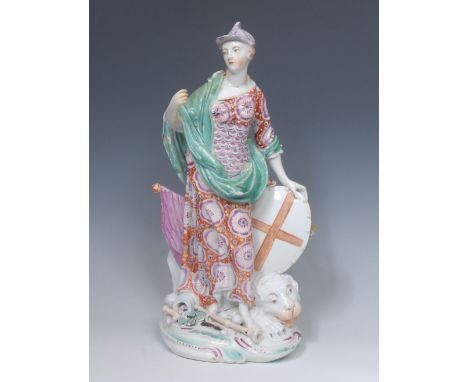 A Derby Patch Mark figure, of Britannia standing with her left hand on top of a shield with the cross of St George resting on