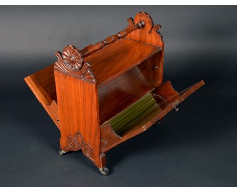 A Victorian mahogany enclosed patent Canterbury, M Robinson's Improved Music Cabinet, turned handle, shaped end supports carv