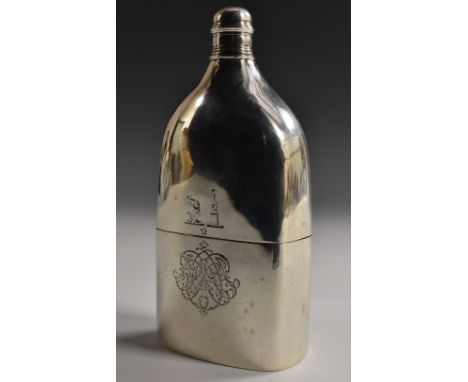 A William IV silver rounded rectangular travelling pocket flask, screw-fitting cap, detachable beaker to base, gilt interior,
