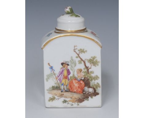 A German tea caddy and cover, painted with courting couples, the sides with colourful bouquets, domed cover, flower finial, 1