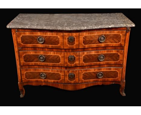 An 18th century Italian walnut and marquetry serpentine commode, grey marble top above three long drawers, cabriole legs, 88c