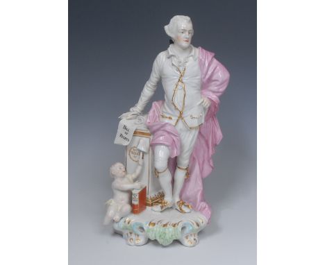 A Derby Patch Mark figure, John Wilkes,  standing beside a seated child next to a book, Wilkes wearing a pink cape, white and