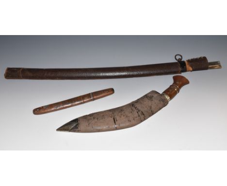 A Japanese katana blade, 69cm long, leather-clad saya, 78cm long overall; a tanto, 13.5cm blade, patinated allumnium haft and