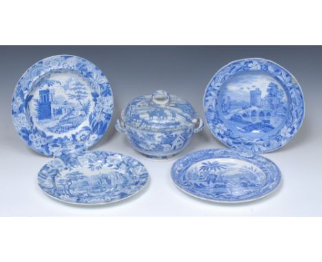 A Spode shaped circular blue and white Death of the Bear plate, printed with elephant, horsemen, hounds and bear, the border 