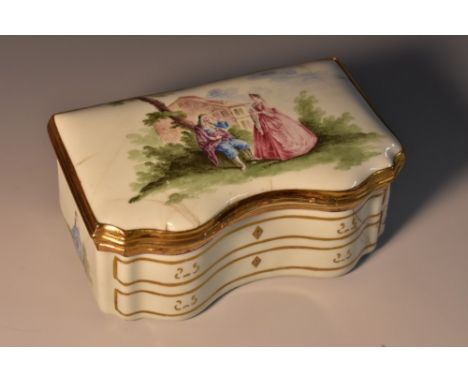 An 18th century enamel novelty table snuff box, as a serpentine fronted commode, hinged cover painted with a courting couple 