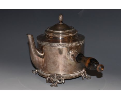 A late 19th century E.P.N.S. cylindrical side-handled coffee or chocolate pot, pine cone finial, turned ebonised handle, acan
