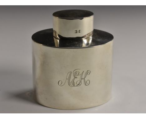 A George V silver oval tea caddy, quite plain, push-fitting cover, 9cm high, S Blanckensee & Co Ltd, Birmingham 1917