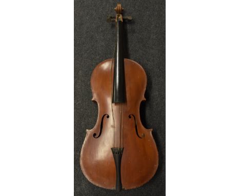 A cello, the one-piece back 74.5cm long excluding button, ebonised tuning pegs. 123cm long overall