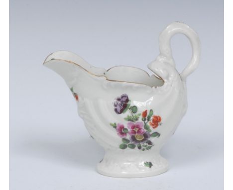 A Worcester Dolphin Ewer cream boat, of small size, with crisp shell moulding and two entwined dolphins to spout, lamprey han