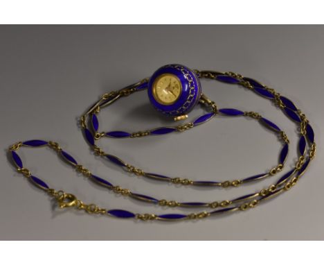 A Bucherer enamelled ball  pendant watch, gilt dial, block batons, decorated in blue transparent enamel, on an conforming gil