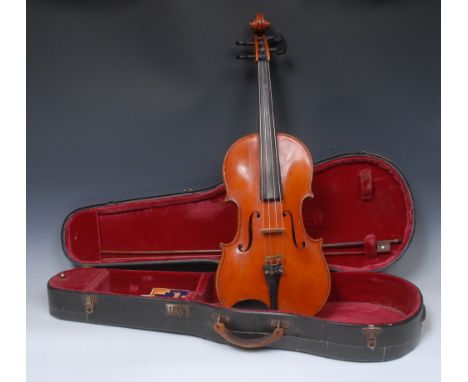 A viola, the one-piece back 39.75cm long excluding button, paper label printed Thornward Stradivarius, ebony tuning pegs, out