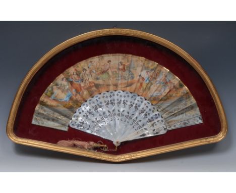 A 19th century French fan, with mother-of-pearl sticks, painted with Romany ladies dancing and playing music, 49cm wide, case