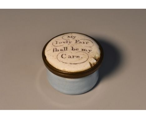 A George III South Staffordshire enamel circular bonbonniere, domed cover inscribed My Lovly (sic) Fair shall be my Care, pal