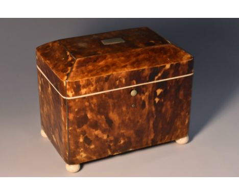 A 19th century tortoiseshell caddy, of small proportions, ivory bun feet, bun feet, 11cm wide, 9cm high, c.1850