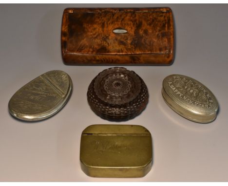 A large 19th century burr maple rounded rectangular snuff box, hinged cover with mother-of-pearl oval cartouche, 13.5cm wide,