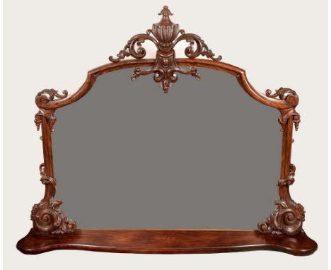 A Victorian simulated rosewood overmantel mirror, bold urn cresting , shaped arched plate with scrolling acanthus to angles, 