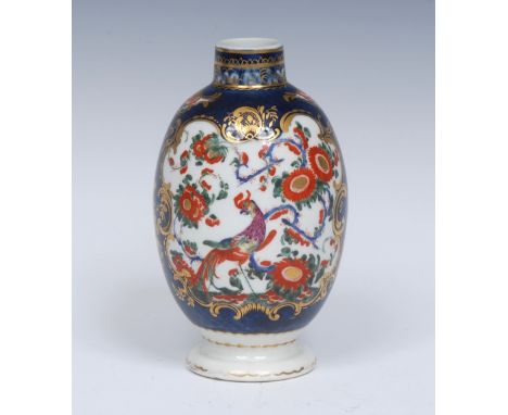 A Worcester Jabberwocky pattern ovoid tea canister, decorated in the  Kakiemon style, with two vignettes of fancy birds among