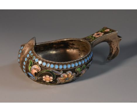 A Russian silver and cloisonne enamel kovsh, brightly decorated in polychrome with flowers and scrolling foliage, 7.5cm long,