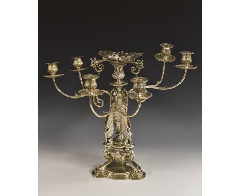 A Victorian Grecian Revival silver six-light candelabrum centrepiece, campana sconces, beaded nozzles and drip pans, cast and