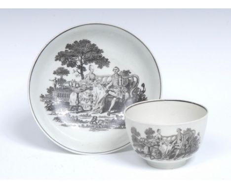 A Worcester L'Amour pattern tea bowl and saucer,  after an engraving by Robert Hancock, with a courting couple, her maid stan