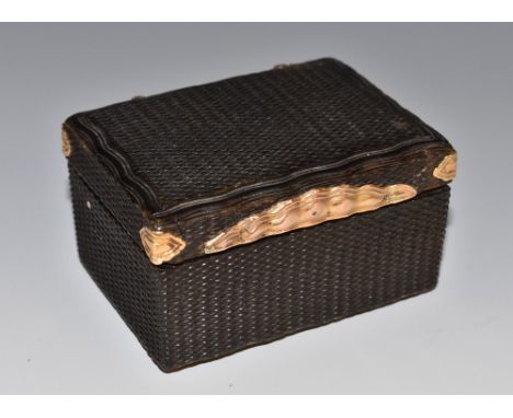 A late 18th century gold coloured metal mounted tortoiseshell rectangular moustache wax box, engine turned overall, hinged co