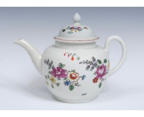 A Worcester globular teapot and cover, decorated in the workshop of James Giles with scattered colourful flower bouquets, spr