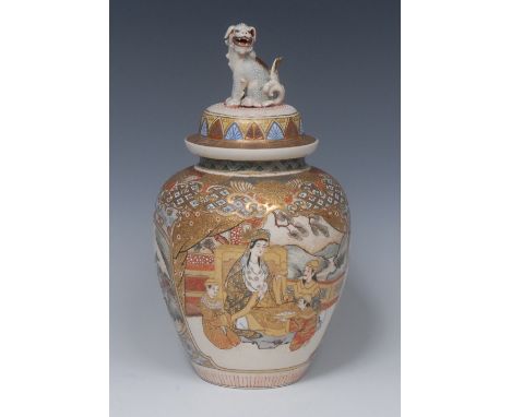 A Japanese Satsuma ovoid vase and cover, painted recto and verso in colourful polychrome and raised gilding with figures atte