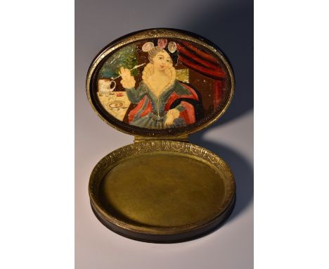 A George II tortoiseshell oval snuff box, moulded hinged cover with a skirted frieze, enclosing a half-length portrait of La 