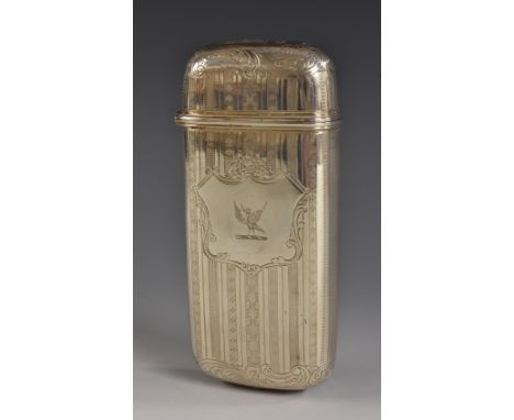 An early Victorian silver rounded rectangular cigar case, engine turned, engraved with leafy scrolls and crested within a shi