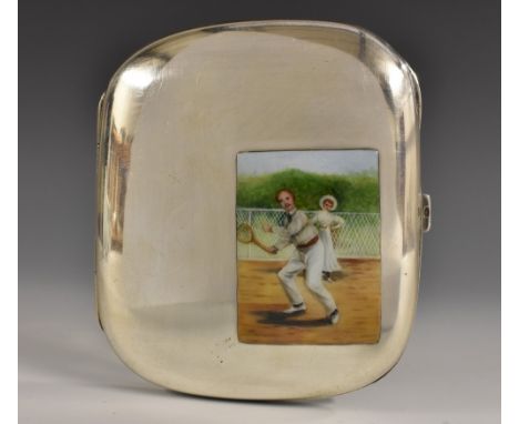 An early 20th century silver and enamel rounded rectangular cigarette case, hinged cover decorated in polychrome with a lady 