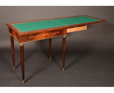 A Napoleon III gilt-metal mounted rosewood and marquetry gaming table, the oversailing folding top veneered with a radiating 