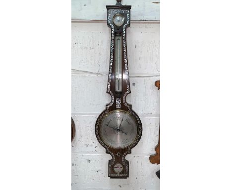 An early 19th Century mercury column barometer in banjo shaped rosewood case withextensive mother of pearl inlay, having silv