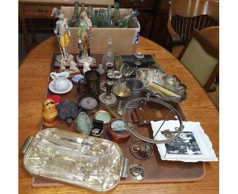 A chandelier light fitting; a selection of old bottles; decorative china and ornaments 
