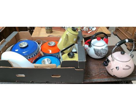A selection of 1960's/70's decorative enamel pans; kettles; cookware 