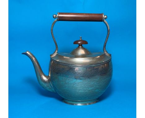 A&nbsp; silver&nbsp;Georgian style oval kettle/teapot with engine turned entwined band, boxwood handle and finial, London 191