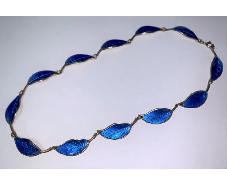 A Norwegian silver necklace, the links in the form of petals in blue enamel, stamped 'D A (David Anderson) 925 Sterling, Norw