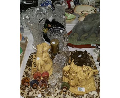 Two 19th century Eichwald pipe stands, boy and donkey (a.f.); a selection of cut and other glassware; a lacquer wall unit; br