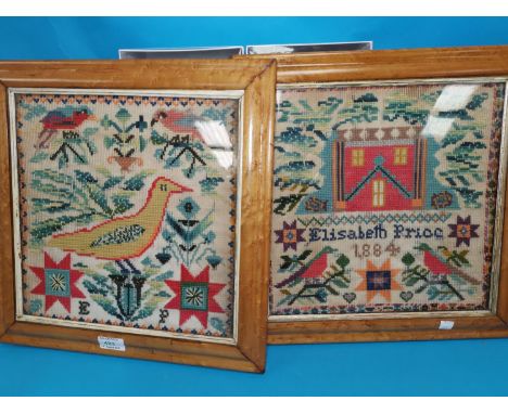A pair of Victorian woolwork tapestry samplers by Elisabeth Price, 1884, 32 cm square, burr walnut frames 