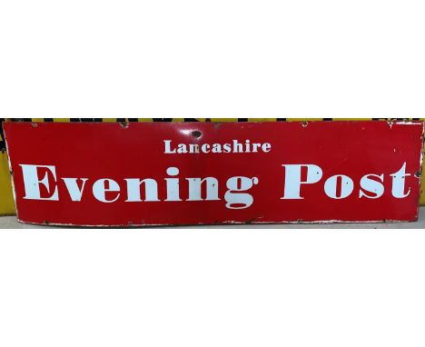 A large red ground enamel sign 'Lancashire Evening Post' length 73" height 18" (some rusting)