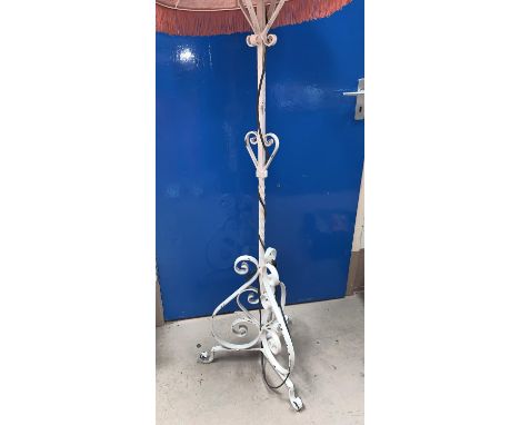 A white wrought iron standard lamp; 2 copper kettles; a warming pan, tins etc 