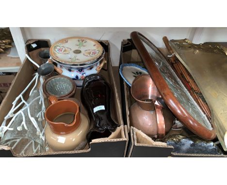 A selection of decorative items including jelly moulds, beadwork tea pot stand, parasol, gilt wall shelf, metalware, china an