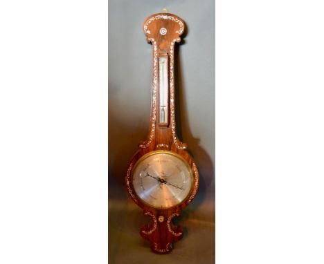 A 19th Century Rosewood and Mother of Pearl Inlaid Wheel Barometer/Thermometer with silvered dials and ivory vernier 