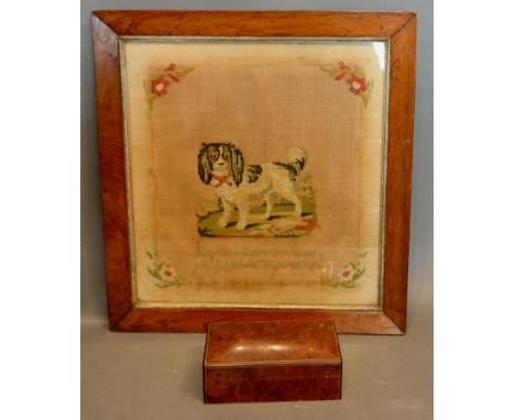 A 19th Century Woolwork Tapestry depicting  dog, dated 1866, together with a burr walnut rectangular box 