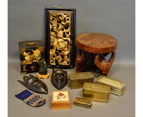 A Japanese Lacquered Small Table Cabinet, together with a collection of other items to include a horn and tortoiseshell snuff